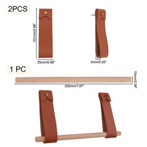 AHANDMAKER Leather Wall Hooks Kit, 2 Pcs Leather Straps Hanger Towel Hook with Wooden Dowel Rail & Screws Wall Mounted Hanging Strap Holder for Bathroom Bedroom Kitchen Handles Nordic Boho Decor