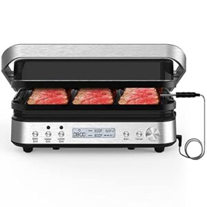 5 in 1 indoor grill, panini press grill sandwich maker, cattleman cuisine electric contact grill and griddle with removable nonstick grill plates, smart probe, lcd display, stainless steel, 1600w