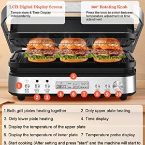 5 in 1 Indoor Grill, Panini Press Grill Sandwich Maker, CATTLEMAN CUISINE Electric Contact Grill and Griddle with Removable Nonstick Grill Plates, Smart Probe, LCD Display, Stainless Steel, 1600W