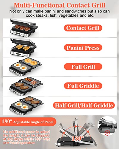 5 in 1 Indoor Grill, Panini Press Grill Sandwich Maker, CATTLEMAN CUISINE Electric Contact Grill and Griddle with Removable Nonstick Grill Plates, Smart Probe, LCD Display, Stainless Steel, 1600W