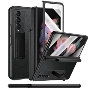 for samsung galaxy z fold 3 case with s pen holder & hinge protection & kickstand, built-in screen & camera lens protection, non-slip durable leather cover for samsung fold 3 5g 2021
