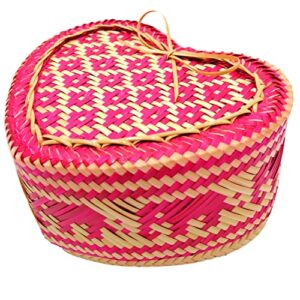 forever 1 – bamboo sticky rice serving basket 6.2 x 5.2 inch, kratip, intricately woven container, heart-shaped, elephant weave pattern, bright pink, thailand handmade, dyed with natural based
