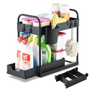 bathroom organizer, under sink organizers and storage, titete 2 tier sliding under sink organizer, under cabinet storage drawer bathroom kitchen with 2 handles, 5 clapboards, 1 hanging cup and 8 hooks