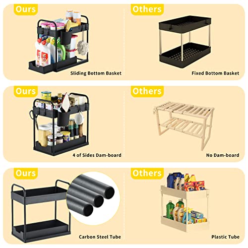 Bathroom Organizer, Under Sink Organizers and Storage, TITETE 2 Tier Sliding Under Sink Organizer, Under Cabinet Storage Drawer Bathroom Kitchen with 2 Handles, 5 Clapboards, 1 Hanging Cup and 8 Hooks