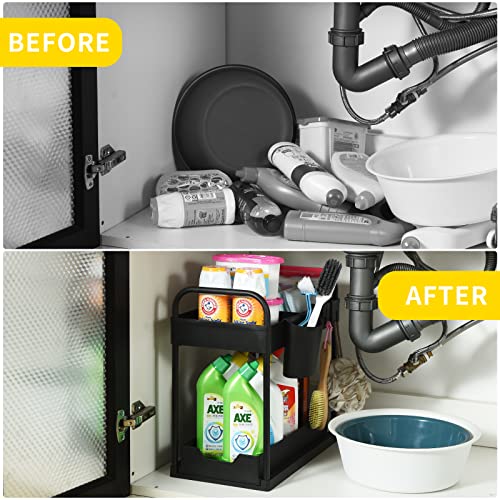 Bathroom Organizer, Under Sink Organizers and Storage, TITETE 2 Tier Sliding Under Sink Organizer, Under Cabinet Storage Drawer Bathroom Kitchen with 2 Handles, 5 Clapboards, 1 Hanging Cup and 8 Hooks