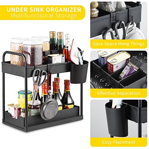 Bathroom Organizer, Under Sink Organizers and Storage, TITETE 2 Tier Sliding Under Sink Organizer, Under Cabinet Storage Drawer Bathroom Kitchen with 2 Handles, 5 Clapboards, 1 Hanging Cup and 8 Hooks