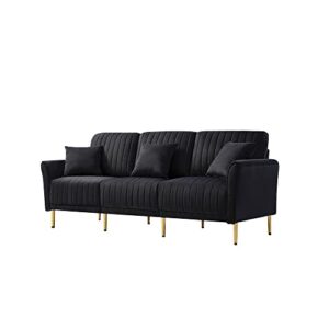 tmosi 78'' modern velvet upholstered sofa couch,3 seater sofa with removable backrest pillows,3-seat sofa with gold metal legs for living room,bedroom,office,apartment (black, 3 seater)