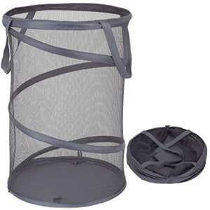 qtopun mesh popup laundry hamper, foldable portable cylindrical dirty clothes basket for bedroom, kids room, college dormitory and travel — grey
