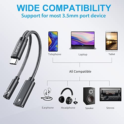 Tamshun USB C to 3.5mm Audio Adapter and Charger, 2 in 1 USB C Splitter with Audio Aux Headphone Jack, PD 60W Fast Charing Port, HiFi Stereo Adapter, Compatible with Samsung S22/S21/S20/Ultra/A53