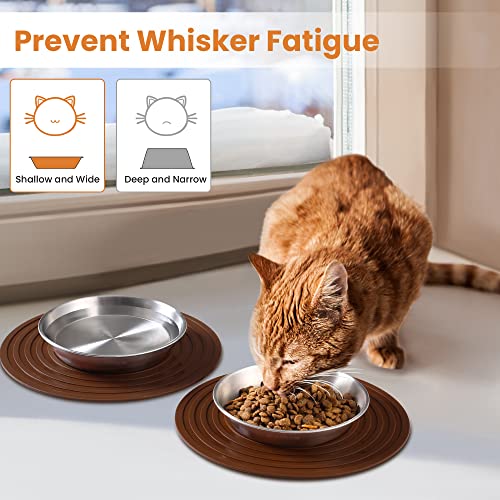 Wellbro Cat Food Bowls, 2 Pcs Stainless Steel Cat Food and Water Bowls, Whisker Fatigue Shallow Cat Dishes, Small Dog Puppies Fat Faced Cat Kitten Supplies