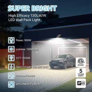 HYPERLITE LED Wall Pack Light with Dusk to Dawn Photocell 100W 13,000LM, Ideal Outdoor Security Lighting Commercial and Industrial LED Wall Lights for Parking lot Garage Factory ETL Listed