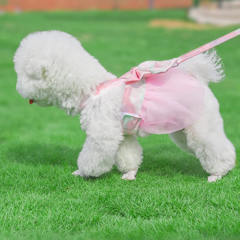 Dog Harness Dress with Leash, Princess Mesh Colorful Bow Dog Dress for Small Dogs Cats Girl Puppy Dress with D-Ring Outfits Vest Pet Clothes for Cats Puppy Small Dogs