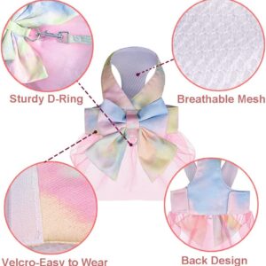 Dog Harness Dress with Leash, Princess Mesh Colorful Bow Dog Dress for Small Dogs Cats Girl Puppy Dress with D-Ring Outfits Vest Pet Clothes for Cats Puppy Small Dogs