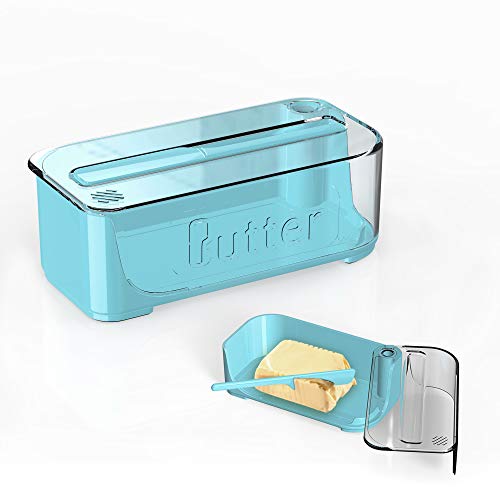 Butter Dish with Lid and Knife,Airtight Butter Container Covered Butter Dish for Countertop or Fridge,ABS Plastic Butter Dishes with an Attached Flip-Top Lid (Blue)