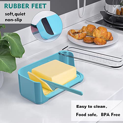 Butter Dish with Lid and Knife,Airtight Butter Container Covered Butter Dish for Countertop or Fridge,ABS Plastic Butter Dishes with an Attached Flip-Top Lid (Blue)