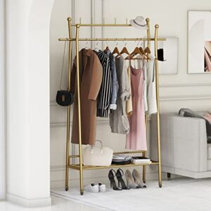 gold clothes rack, portable rolling clothing racks for hanging clothes heavy duty double rod boutique clothing garment rack, coat rack with a bottom shelf 39.4”l