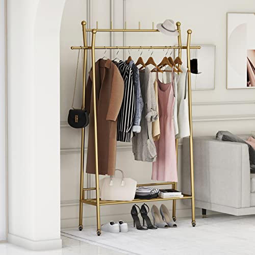 Gold Clothes Rack, Portable Rolling Clothing Racks for Hanging Clothes Heavy Duty Double Rod Boutique Clothing Garment Rack, Coat Rack with a Bottom Shelf 39.4”L