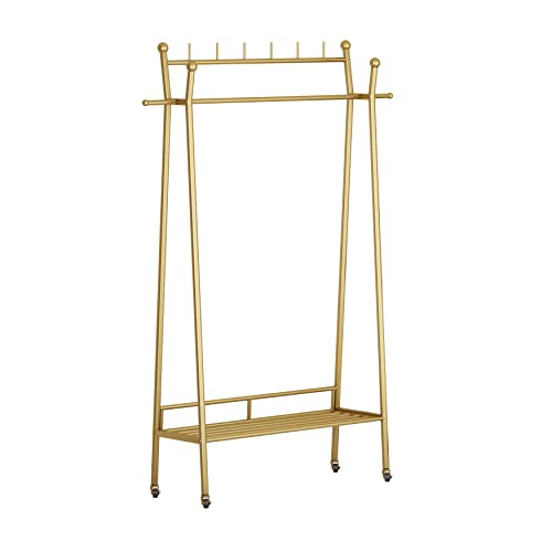 Gold Clothes Rack, Portable Rolling Clothing Racks for Hanging Clothes Heavy Duty Double Rod Boutique Clothing Garment Rack, Coat Rack with a Bottom Shelf 39.4”L