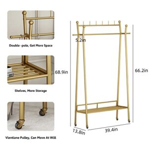 Gold Clothes Rack, Portable Rolling Clothing Racks for Hanging Clothes Heavy Duty Double Rod Boutique Clothing Garment Rack, Coat Rack with a Bottom Shelf 39.4”L