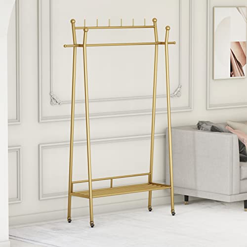 Gold Clothes Rack, Portable Rolling Clothing Racks for Hanging Clothes Heavy Duty Double Rod Boutique Clothing Garment Rack, Coat Rack with a Bottom Shelf 39.4”L