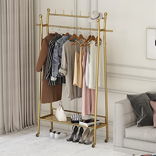 Gold Clothes Rack, Portable Rolling Clothing Racks for Hanging Clothes Heavy Duty Double Rod Boutique Clothing Garment Rack, Coat Rack with a Bottom Shelf 39.4”L