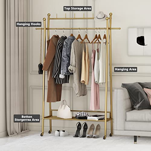 Gold Clothes Rack, Portable Rolling Clothing Racks for Hanging Clothes Heavy Duty Double Rod Boutique Clothing Garment Rack, Coat Rack with a Bottom Shelf 39.4”L