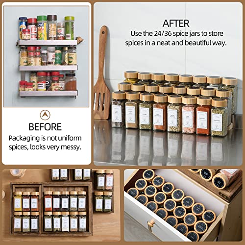 24 Pcs Spice Jars with Labels - 4 oz Glass Spice Jars with Bamboo Lids, Minimalist Farmhouse Spice Labels Stickers, Collapsible Funnel, Seasoning Storage Bottles for Spice Rack, Cabinet, Drawer