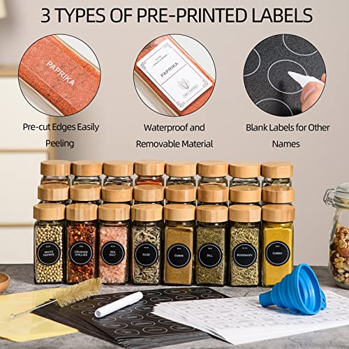 24 Pcs Spice Jars with Labels - 4 oz Glass Spice Jars with Bamboo Lids, Minimalist Farmhouse Spice Labels Stickers, Collapsible Funnel, Seasoning Storage Bottles for Spice Rack, Cabinet, Drawer
