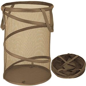 qtopun mesh popup laundry hamper, foldable portable cylindrical dirty clothes basket for bedroom, kids room, college dormitory and travel — brown