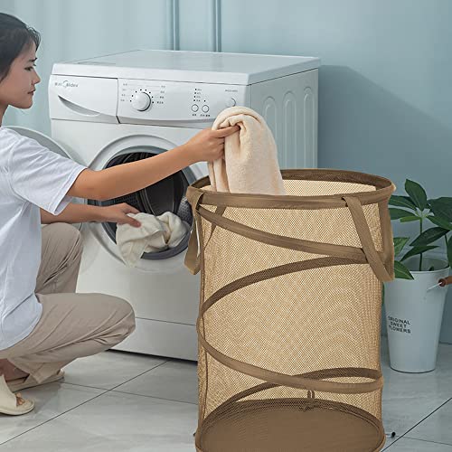 Qtopun Mesh Popup Laundry Hamper, Foldable Portable Cylindrical Dirty Clothes Basket for Bedroom, Kids Room, College Dormitory and Travel — Brown