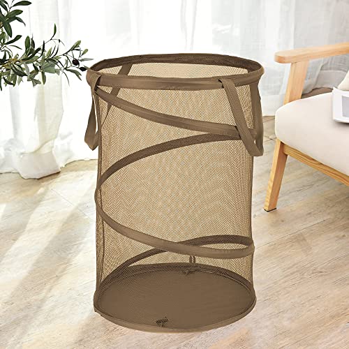 Qtopun Mesh Popup Laundry Hamper, Foldable Portable Cylindrical Dirty Clothes Basket for Bedroom, Kids Room, College Dormitory and Travel — Brown