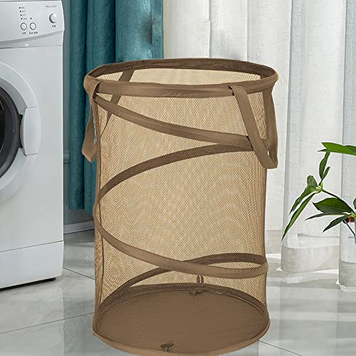 Qtopun Mesh Popup Laundry Hamper, Foldable Portable Cylindrical Dirty Clothes Basket for Bedroom, Kids Room, College Dormitory and Travel — Brown