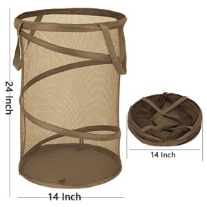 Qtopun Mesh Popup Laundry Hamper, Foldable Portable Cylindrical Dirty Clothes Basket for Bedroom, Kids Room, College Dormitory and Travel — Brown