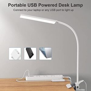 JUANWE LED Desk Lamp, Reading Light Clip on Light, Dimmable Clamp Light with USB Charging Port, 3 Modes & 14 Brightness Levels 5W LED Metal Clip Light, White