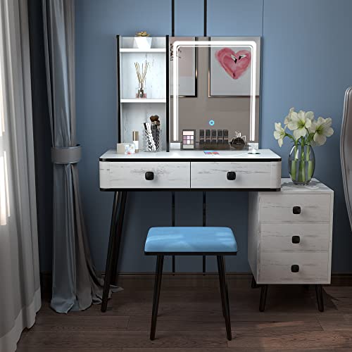 LVSOMT Vanity Desk with 3-Color Lighted Mirror, Makeup Vanity Table Set with Lights & Charging Station, 5 Drawers, Shelves, Dressing Table with Stool for Women Girls (White)