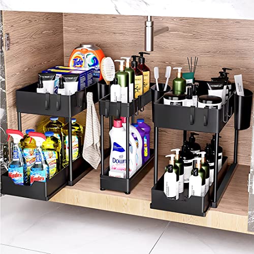 Wohingo 2-Tier Under Kitchen Sink Organizer, Sliding Under Bathroom Cabinet Storage Drawer Organizer with Hooks & Hanging Cup, Multi-Purpose Under Sink Shelf Organizer, 3 Pack