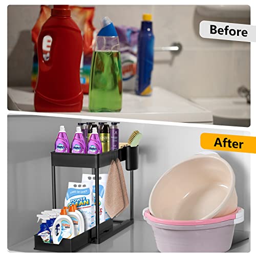 Wohingo 2-Tier Under Kitchen Sink Organizer, Sliding Under Bathroom Cabinet Storage Drawer Organizer with Hooks & Hanging Cup, Multi-Purpose Under Sink Shelf Organizer, 3 Pack