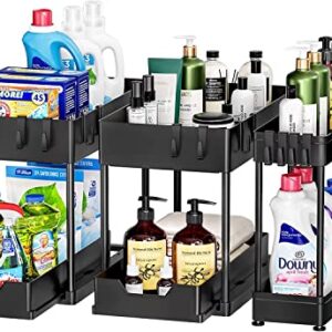 Wohingo 2-Tier Under Kitchen Sink Organizer, Sliding Under Bathroom Cabinet Storage Drawer Organizer with Hooks & Hanging Cup, Multi-Purpose Under Sink Shelf Organizer, 3 Pack