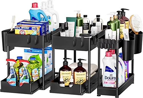 Wohingo 2-Tier Under Kitchen Sink Organizer, Sliding Under Bathroom Cabinet Storage Drawer Organizer with Hooks & Hanging Cup, Multi-Purpose Under Sink Shelf Organizer, 3 Pack