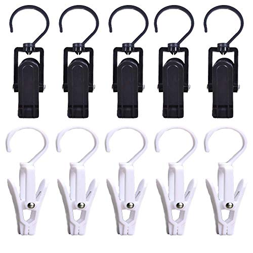 Wangzzniu 10 Pcs Hanging Laundry Hooks Clip Plastic Swivel Hanging Towel Clips Strong Clips with Hanger Hook for Wardrobe Boot Hat Curtain Socks Sheets Beach Towel,Black+white