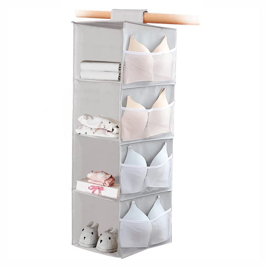 IGOYDD Hanging Closet Organizer 4 Shelf, Foldable Closet Storage Shelves, Cloth Hanging Shelves with 12 Side Pockets, Washable Wardrobe Space Saver, Gray