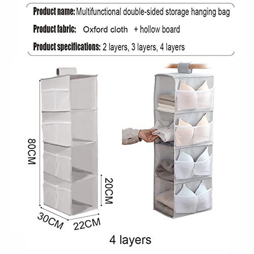 IGOYDD Hanging Closet Organizer 4 Shelf, Foldable Closet Storage Shelves, Cloth Hanging Shelves with 12 Side Pockets, Washable Wardrobe Space Saver, Gray