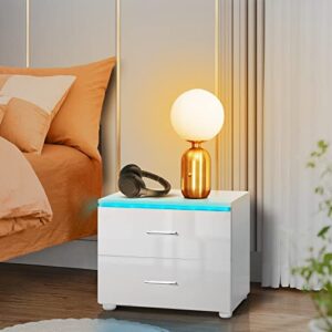 hommpa small led nightstand white modern nightstand with led light matte led night stand bedside table with 2 high gloss drawers for children bedroom furniture 18.9" l x 13.8" w x 15.4" h