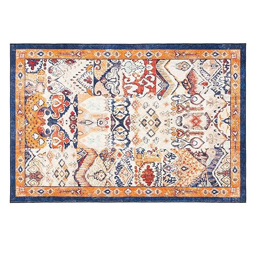 Phantoscope Allover Persian Print 2x10 Runner Rug Indoor Vintage Style Hallway Kitchen Decor Non-Slip Backing Machine Washable Rug, Orange & Blue