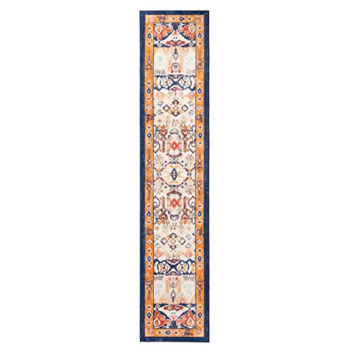 Phantoscope Allover Persian Print 2x10 Runner Rug Indoor Vintage Style Hallway Kitchen Decor Non-Slip Backing Machine Washable Rug, Orange & Blue