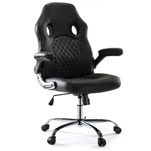 olixis gaming ergonomic office desk flip-up armrests and lumbar support pu leather executive mid back computer chair for adults, 26.37d x 29.13w x 44.49h in, black