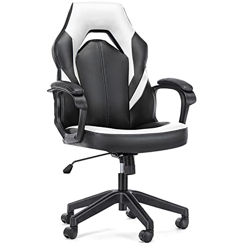 OLIXIS Computer Gaming PU Leather Ergonomic Office Swivel Desk Lumbar Support, Executive Chair with Padded Armrest and Seat Cushion for Adults, White