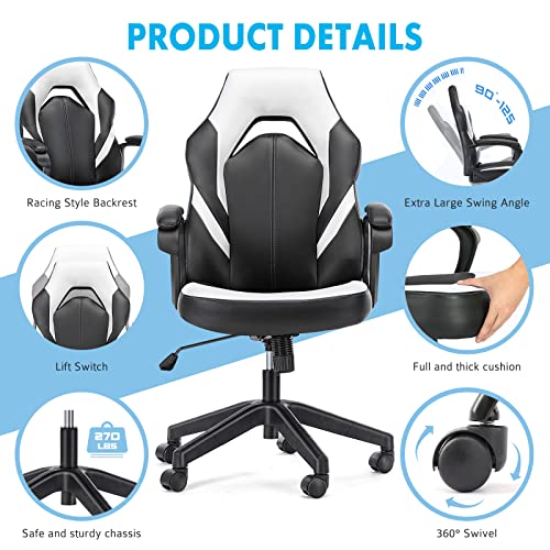 OLIXIS Computer Gaming PU Leather Ergonomic Office Swivel Desk Lumbar Support, Executive Chair with Padded Armrest and Seat Cushion for Adults, White