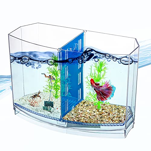 Betta Fish Tank - Mini Betta Bowl Kit Small Aquarium with Divider - 2/5 Gallon Beta Fish Tank Set Starter Goldfish Fishbowl - Transparent Acrylic Fish Jar for Shrimp Crab Moss Seaweed Ball