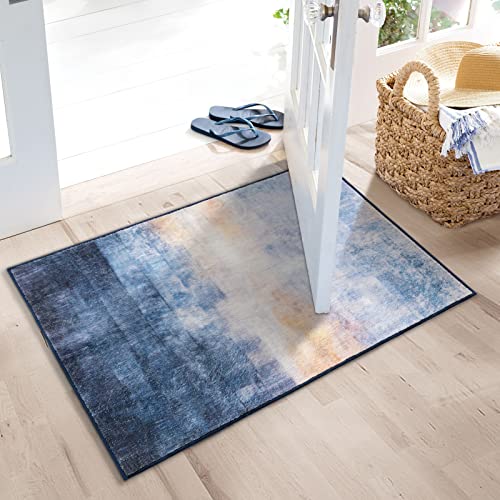 Phantoscope Aesthetic Print 2x3 Small Indoor Door Mat Gradient Style Non-Slip Backing Doormat Entryway Throw Area Rug Machine Washable, Blue & Beige